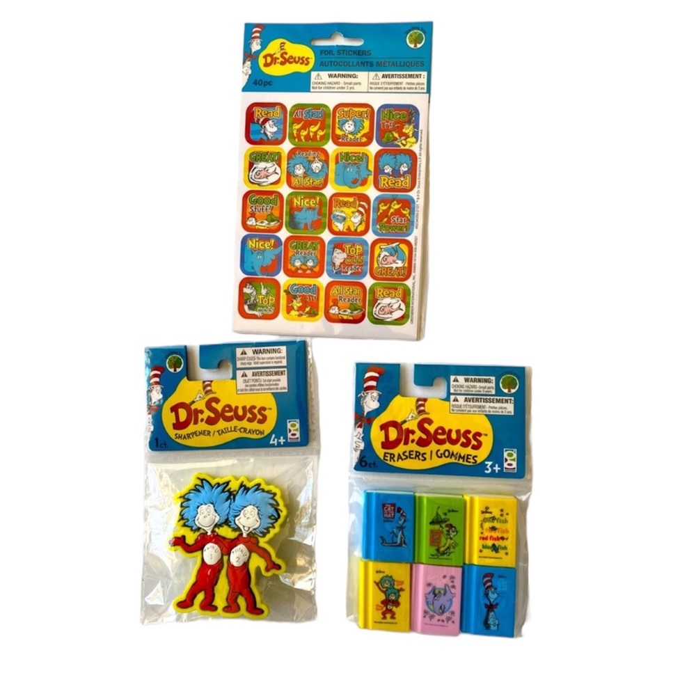 3 Pk Dr. Seuss 1 sharpener 6 erasers & 1 pack of‎ stickers kit kids school learn